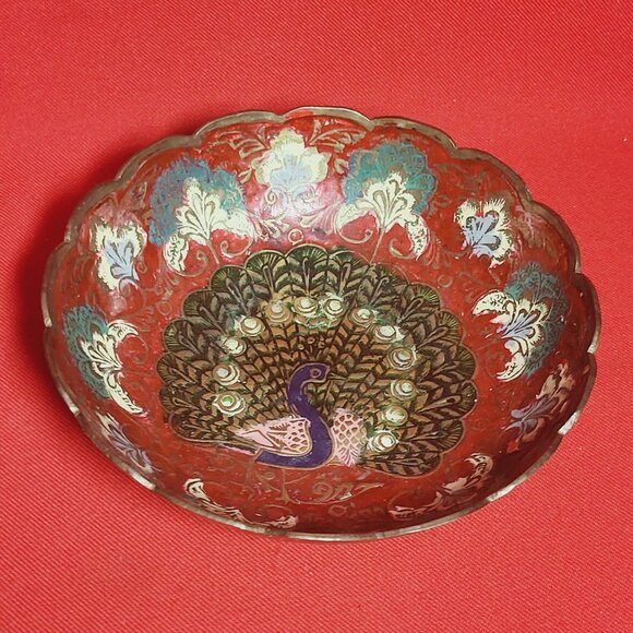 Vintage Indian Etched Brass Metal Peacock Pedestal Red Bowl Trinket Dish - Picture 3 of 11